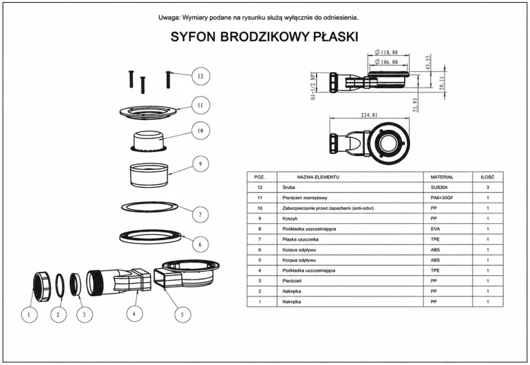 Rysunek techniczny: Syfon do brodzika SMC Karbin OMI02