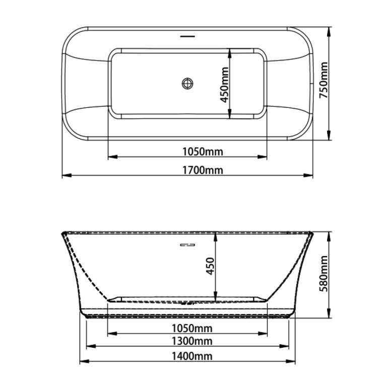 Rysunek techniczny: Wanna wolnostojąca akrylowa Karbin - Chrom Przelew 170x75x58 K-SEP19