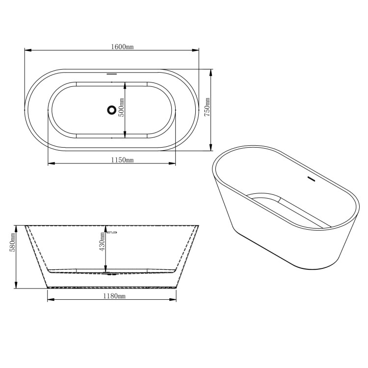 Rysunek techniczny: Wanna wolnostojąca akrylowa Karbin - Chrom Przelew 160x75x58 K-MAR05