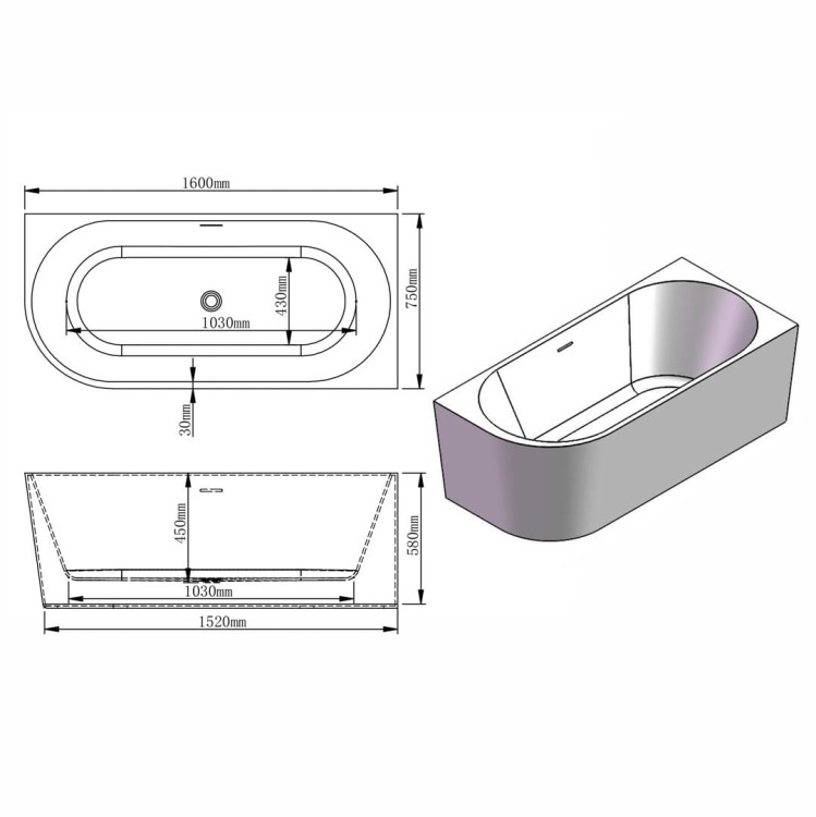 Rysunek techniczny: Wanna wolnostojąca narożna przyścienna Prawa - Czarny Przelew 160x75x58 K-JAN07