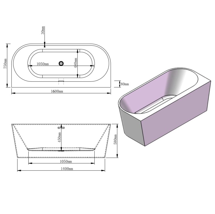 Rysunek techniczny: Wanna wolnostojąca przyścienna Karbin - Biały Przelew 160x75x58 K-APR01