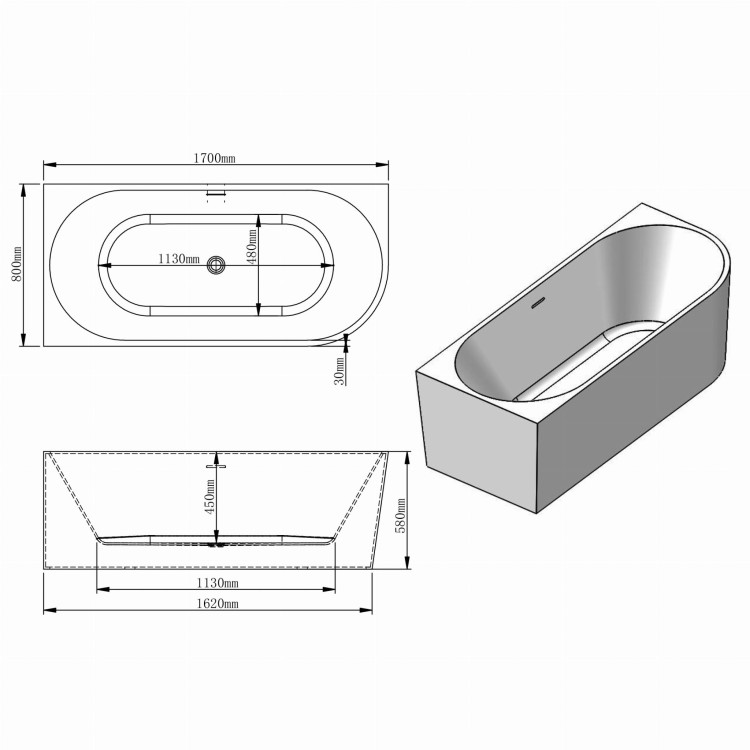 Rysunek techniczny: Wanna wolnostojąca narożna przyścienna Lewa - Biały Przelew 170x80x58 K-JUN10