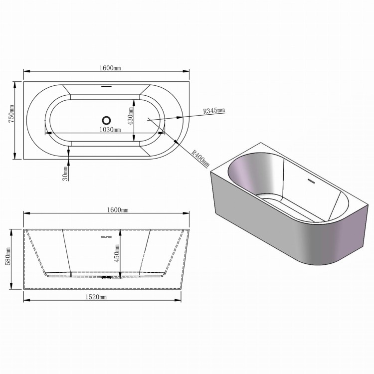 Rysunek techniczny: Wanna wolnostojąca narożna przyścienna Lewa - Biały Przelew 160x75x58 K-JAN07