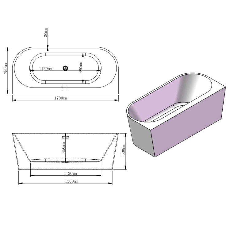 Rysunek techniczny: Wanna wolnostojąca przyścienna Karbin - Biały Przelew 170x75x58 K-APR03