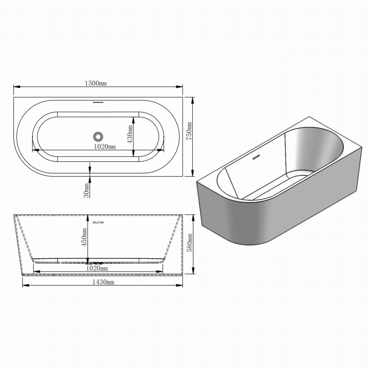 Rysunek techniczny: Wanna wolnostojąca narożna przyścienna Prawa - Złoty Przelew 150x75x58 K-JUL06
