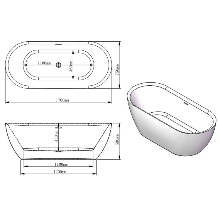 Rysunek techniczny: Wanna wolnostojąca akrylowa Karbin - Chrom Przelew 170x75x58 K-AUT08
