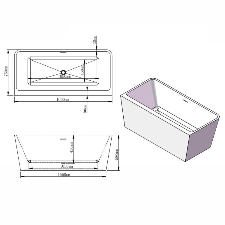 Rysunek techniczny: Wanna wolnostojąca przyscienna akrylowa Karbin - Złoty Przelew 160x75x58 K-WIN02