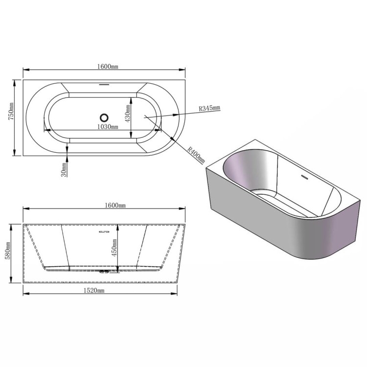 Rysunek techniczny: Wanna wolnostojąca narożna przyścienna Lewa - Chrom Przelew 160x75x58 K-JAN07