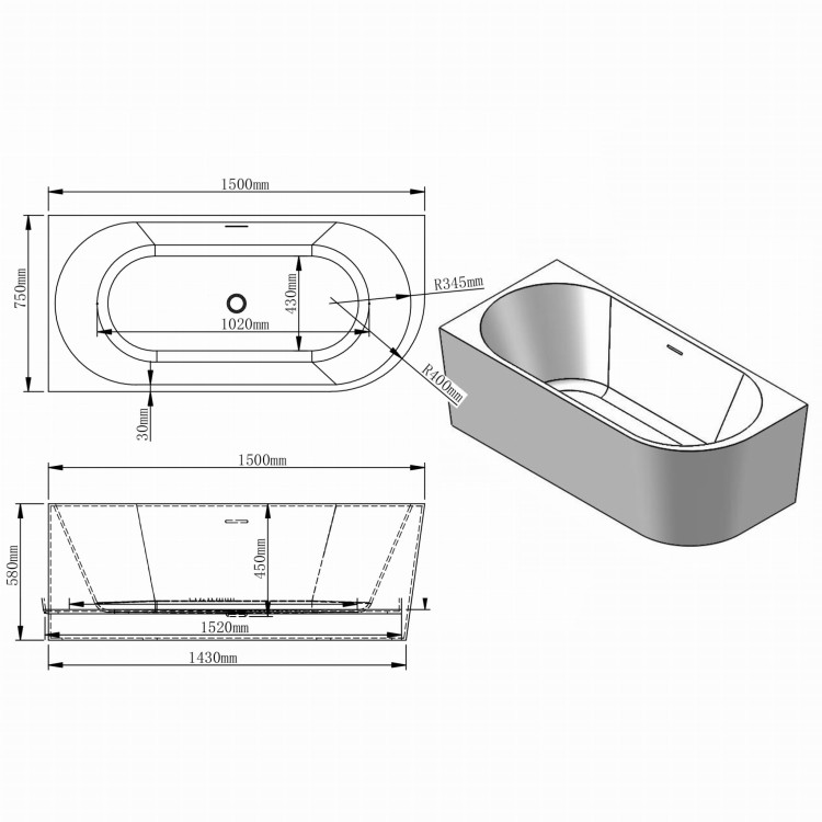 Rysunek techniczny: Wanna wolnostojąca narożna przyścienna Lewa - Złoty Szczotkowany Przelew 150x75x58 K-JUL06
