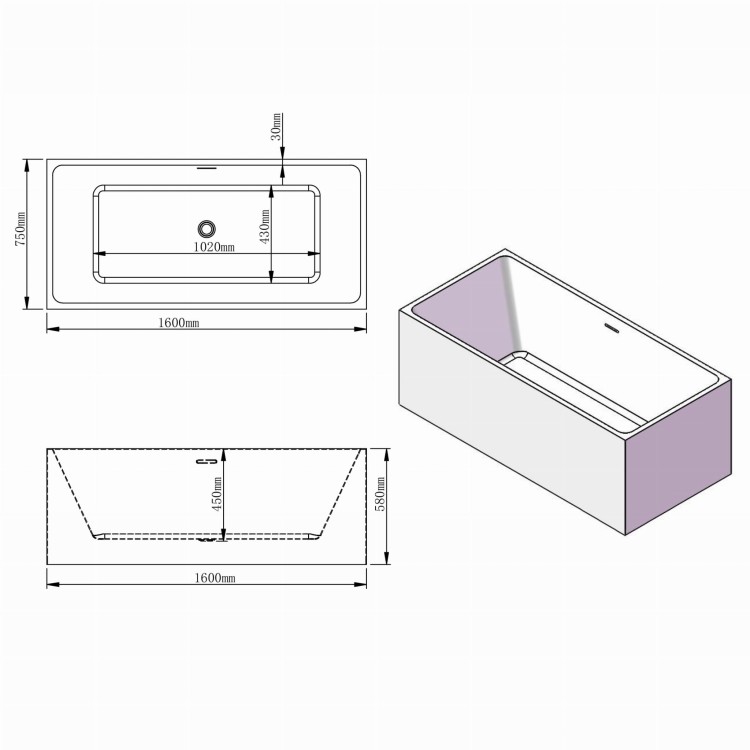 Rysunek techniczny: Wanna wolnostojąca akrylowa Karbin - Biały Przelew 160x75x58 K-SPR04