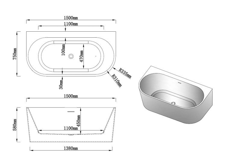 Rysunek techniczny: Wanna wolnostojąca przyścienna Karbin - Biały Przelew 150x75x58 K-APR05
