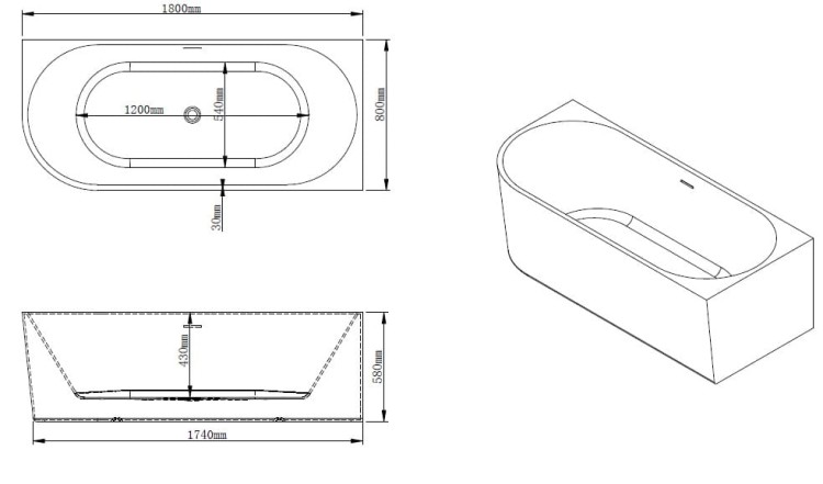 Rysunek techniczny: Wanna wolnostojąca narożna przyścienna Prawa - Chrom Przelew 180x80x58 K-JAR08