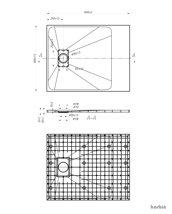 Rysunek techniczny: Brodzik prysznicowy prostokątny SMC Karbin OMI10080G 100x80x2,6 cm – Szary