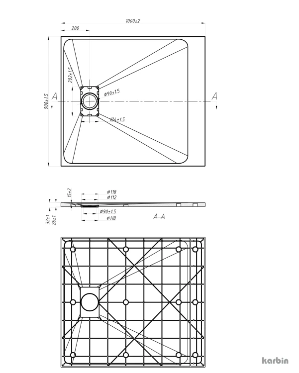 Rysunek techniczny: Brodzik prysznicowy prostokątny SMC Karbin OMI10090G 100x90x2,6 cm – Szary