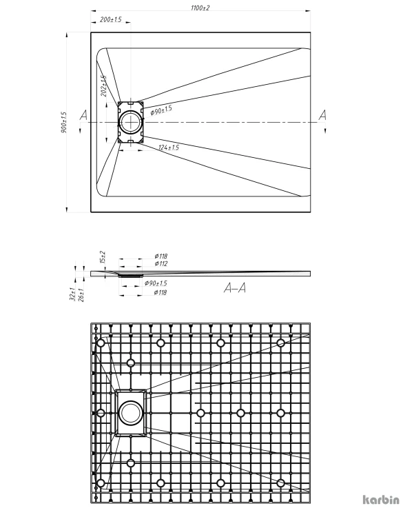 Rysunek techniczny: Brodzik prysznicowy prostokątny SMC Karbin OMI11090W 110x90x2,6 cm – Biały